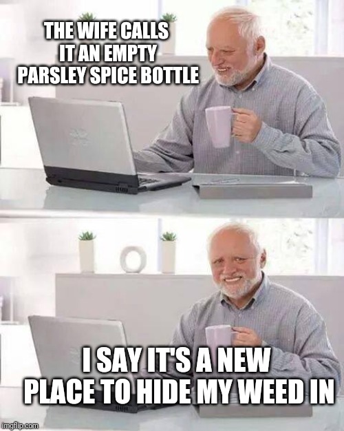 You say potato I say patato | THE WIFE CALLS IT AN EMPTY PARSLEY SPICE BOTTLE; I SAY IT'S A NEW PLACE TO HIDE MY WEED IN | image tagged in memes,hide the pain harold,weed | made w/ Imgflip meme maker