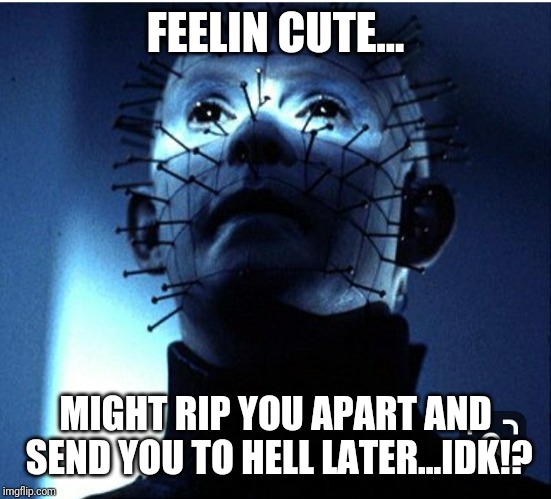 Fellin cute | FEELIN CUTE... MIGHT RIP YOU APART AND SEND YOU TO HELL LATER...IDK!? | image tagged in hellraiser,cute | made w/ Imgflip meme maker