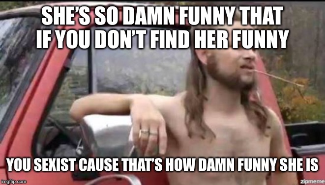 almost politically correct redneck | SHE’S SO DAMN FUNNY THAT IF YOU DON’T FIND HER FUNNY; YOU SEXIST CAUSE THAT’S HOW DAMN FUNNY SHE IS | image tagged in almost politically correct redneck | made w/ Imgflip meme maker