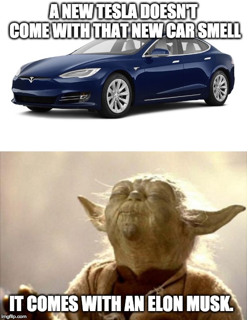 sweet electric odors | A NEW TESLA DOESN'T COME WITH THAT NEW CAR SMELL; IT COMES WITH AN ELON MUSK. | image tagged in yoda smell,tesla,car,joke | made w/ Imgflip meme maker