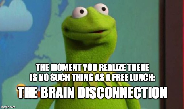 The Brain Disconnection | THE MOMENT YOU REALIZE THERE IS NO SUCH THING AS A FREE LUNCH:; THE BRAIN DISCONNECTION | image tagged in kermit the frog | made w/ Imgflip meme maker