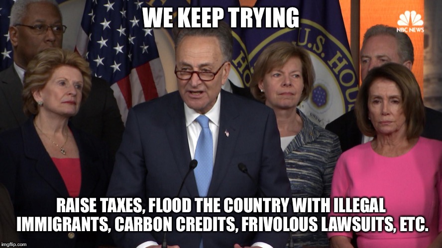 Democrat congressmen | WE KEEP TRYING RAISE TAXES, FLOOD THE COUNTRY WITH ILLEGAL IMMIGRANTS, CARBON CREDITS, FRIVOLOUS LAWSUITS, ETC. | image tagged in democrat congressmen | made w/ Imgflip meme maker