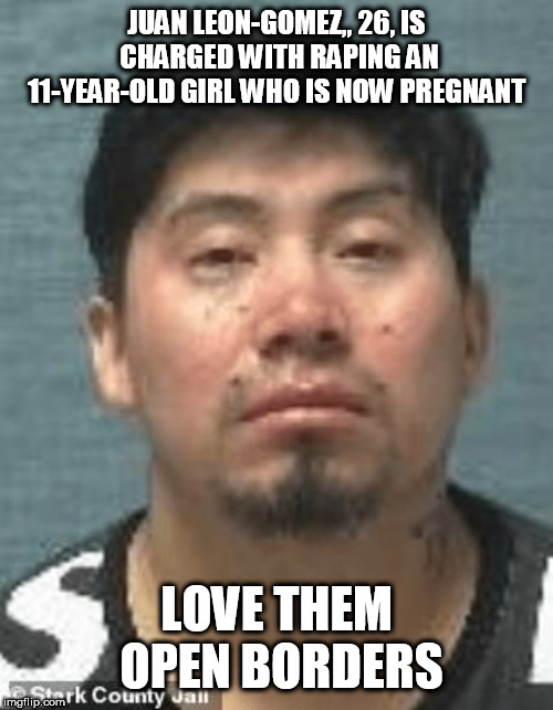 foul | JUAN LEON-GOMEZ,, 26, IS CHARGED WITH RAPING AN 11-YEAR-OLD GIRL WHO IS NOW PREGNANT; LOVE THEM OPEN BORDERS | image tagged in foul | made w/ Imgflip meme maker