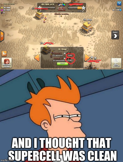 If we could get at least that amount of upvotes, that would be great. | AND I THOUGHT THAT SUPERCELL WAS CLEAN | image tagged in memes,futurama fry,clash of clans | made w/ Imgflip meme maker