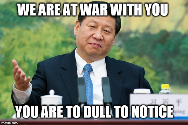 Xi Jinping | WE ARE AT WAR WITH YOU; YOU ARE TO DULL TO NOTICE | image tagged in xi jinping | made w/ Imgflip meme maker