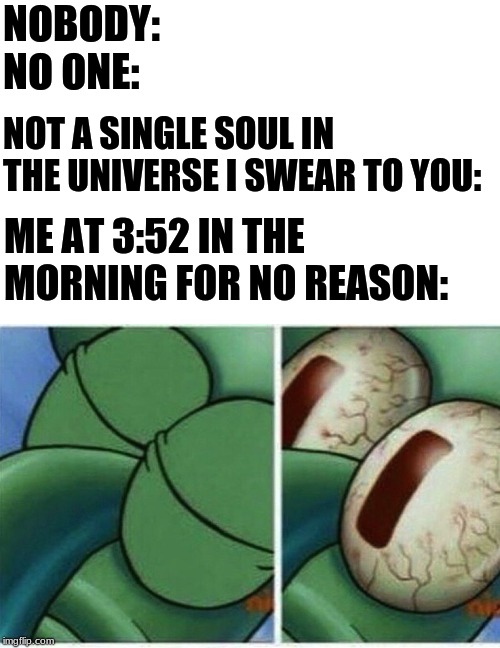 Squidward | NOBODY:; NO ONE:; NOT A SINGLE SOUL IN THE UNIVERSE I SWEAR TO YOU:; ME AT 3:52 IN THE MORNING FOR NO REASON: | image tagged in squidward | made w/ Imgflip meme maker