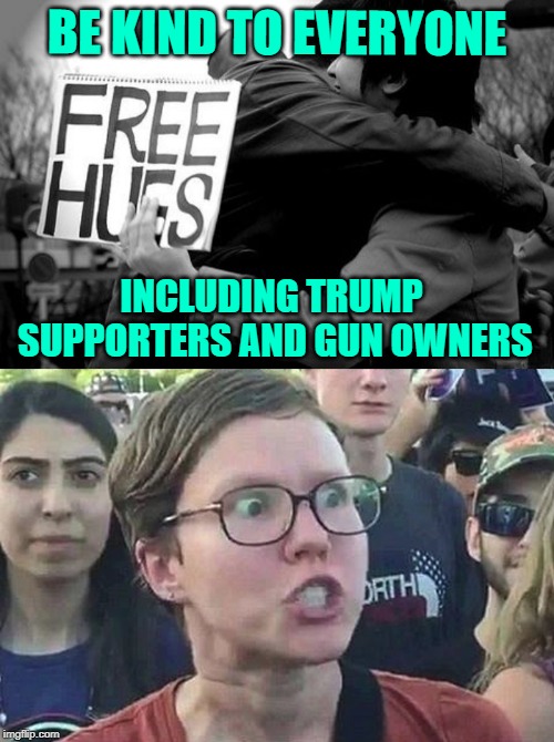 Be Kind to Everyone* |  BE KIND TO EVERYONE; INCLUDING TRUMP SUPPORTERS AND GUN OWNERS | image tagged in kindness,triggered liberal,funny trump meme,2a,bigotry,hypocrisy | made w/ Imgflip meme maker