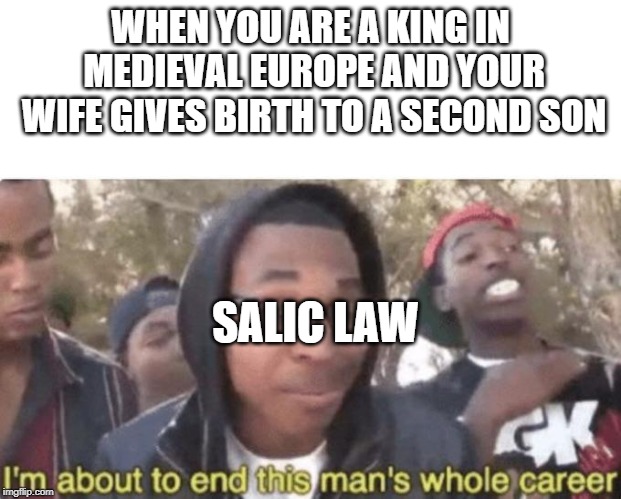 I am about to end this man’s whole career | WHEN YOU ARE A KING IN MEDIEVAL EUROPE AND YOUR WIFE GIVES BIRTH TO A SECOND SON; SALIC LAW | image tagged in i am about to end this mans whole career | made w/ Imgflip meme maker
