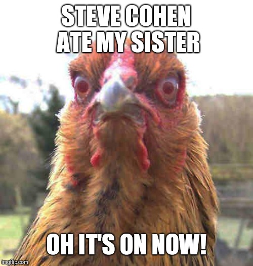 revenge chicken | STEVE COHEN ATE MY SISTER; OH IT'S ON NOW! | image tagged in revenge chicken | made w/ Imgflip meme maker