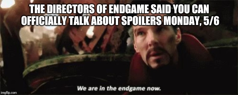 We're in the endgame now | THE DIRECTORS OF ENDGAME SAID YOU CAN OFFICIALLY TALK ABOUT SPOILERS MONDAY, 5/6 | image tagged in we're in the endgame now | made w/ Imgflip meme maker