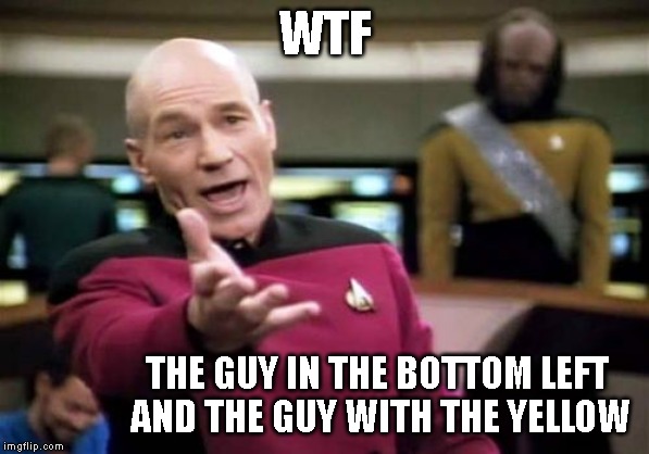 WTF is wrong? | WTF; THE GUY IN THE BOTTOM LEFT AND THE GUY WITH THE YELLOW | image tagged in memes,picard wtf | made w/ Imgflip meme maker