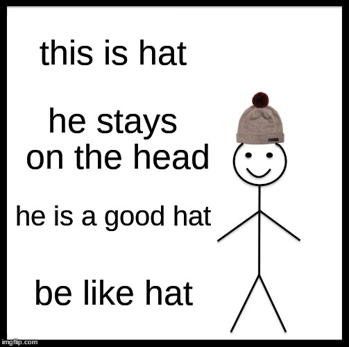 Be Like Bill Meme | this is hat; he stays on the head; he is a good hat; be like hat | image tagged in memes,be like bill | made w/ Imgflip meme maker
