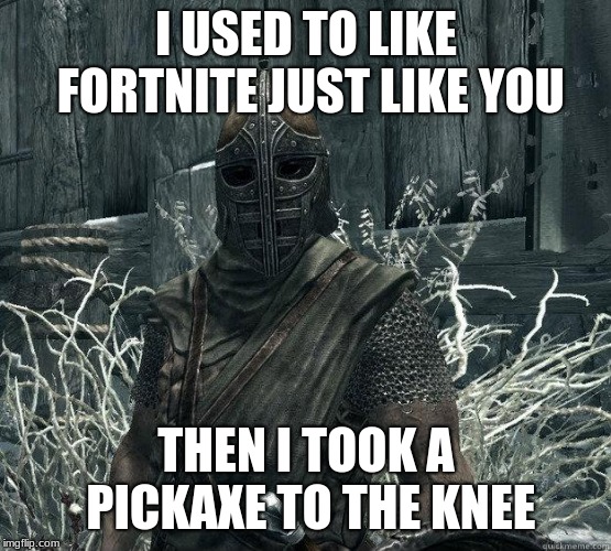 SkyrimGuard | I USED TO LIKE FORTNITE JUST LIKE YOU; THEN I TOOK A PICKAXE TO THE KNEE | image tagged in skyrimguard | made w/ Imgflip meme maker