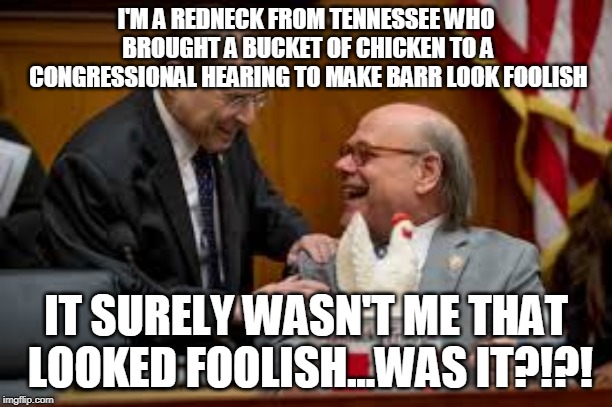 The NEW biggest fool in congress. There sure are a lot of them. | I'M A REDNECK FROM TENNESSEE WHO BROUGHT A BUCKET OF CHICKEN TO A CONGRESSIONAL HEARING TO MAKE BARR LOOK FOOLISH; IT SURELY WASN'T ME THAT LOOKED FOOLISH...WAS IT?!?! | image tagged in meme,redneck,fool,cohen is a fool | made w/ Imgflip meme maker
