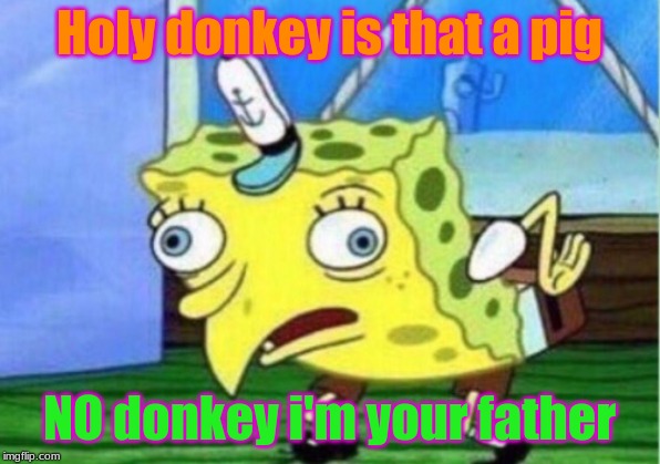 Mocking Spongebob | Holy donkey is that a pig; NO donkey i'm your father | image tagged in memes,mocking spongebob | made w/ Imgflip meme maker