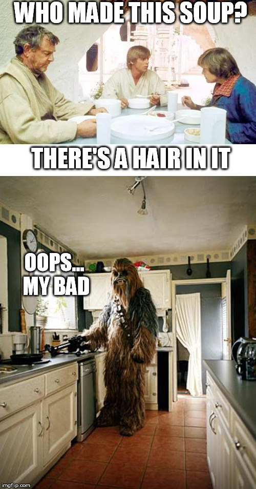 WHO MADE THIS SOUP? THERE'S A HAIR IN IT; OOPS... MY BAD | image tagged in soup,chewbacca,hair | made w/ Imgflip meme maker