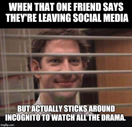 Office Jim Blinds | WHEN THAT ONE FRIEND SAYS THEY'RE LEAVING SOCIAL MEDIA; BUT ACTUALLY STICKS AROUND INCOGNITO TO WATCH ALL THE DRAMA. | image tagged in office jim blinds | made w/ Imgflip meme maker