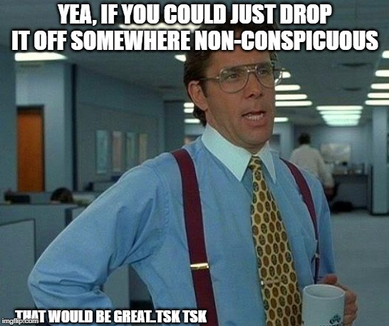 That Would Be Great Meme | YEA, IF YOU COULD JUST DROP IT OFF SOMEWHERE NON-CONSPICUOUS; THAT WOULD BE GREAT..TSK TSK | image tagged in memes,that would be great | made w/ Imgflip meme maker