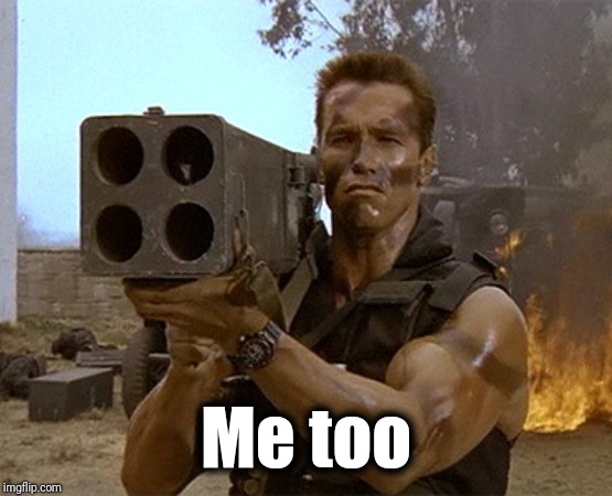 arnold schwarzenegger commando | Me too | image tagged in arnold schwarzenegger commando | made w/ Imgflip meme maker