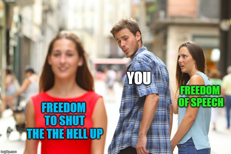 Distracted Boyfriend | YOU; FREEDOM OF SPEECH; FREEDOM TO SHUT THE THE HELL UP | image tagged in memes,distracted boyfriend | made w/ Imgflip meme maker