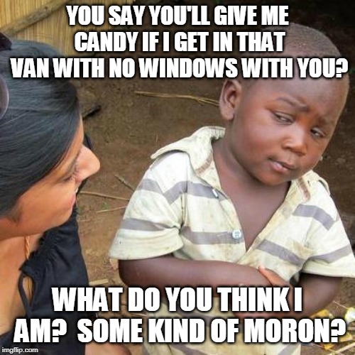 Third World Skeptical Kid Meme | YOU SAY YOU'LL GIVE ME CANDY IF I GET IN THAT VAN WITH NO WINDOWS WITH YOU? WHAT DO YOU THINK I AM?  SOME KIND OF MORON? | image tagged in memes,third world skeptical kid | made w/ Imgflip meme maker
