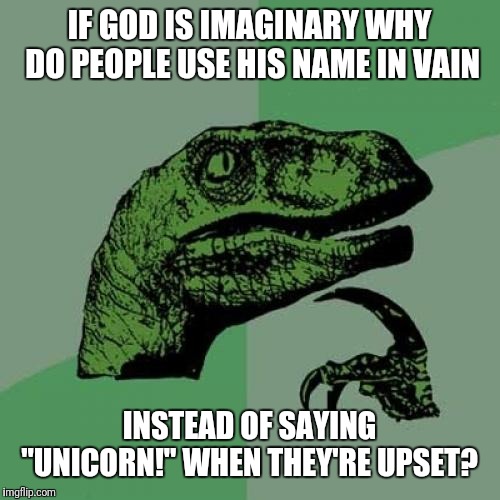 Philosoraptor Meme | IF GOD IS IMAGINARY WHY DO PEOPLE USE HIS NAME IN VAIN; INSTEAD OF SAYING "UNICORN!" WHEN THEY'RE UPSET? | image tagged in memes,philosoraptor | made w/ Imgflip meme maker