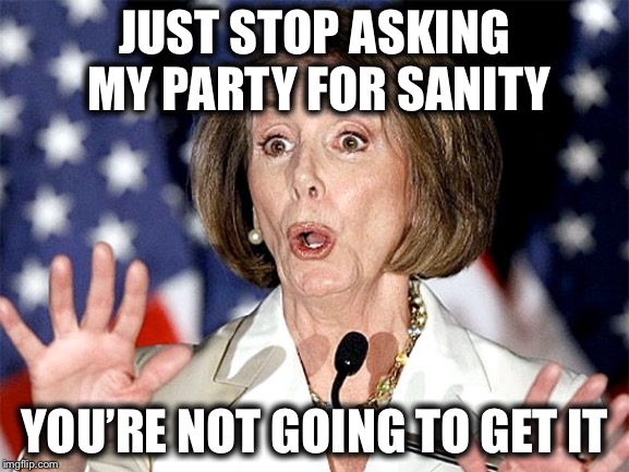 JUST STOP ASKING MY PARTY FOR SANITY; YOU’RE NOT GOING TO GET IT | image tagged in memes,democrats,democratic party,nancy pelosi | made w/ Imgflip meme maker