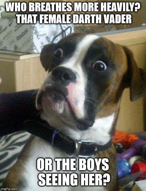 Blankie the Shocked Dog | WHO BREATHES MORE HEAVILY? THAT FEMALE DARTH VADER OR THE BOYS SEEING HER? | image tagged in blankie the shocked dog | made w/ Imgflip meme maker