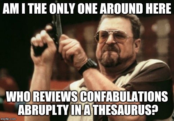 Am I The Only One Around Here | AM I THE ONLY ONE AROUND HERE; WHO REVIEWS CONFABULATIONS ABRUPLTY IN A THESAURUS? | image tagged in memes,am i the only one around here | made w/ Imgflip meme maker