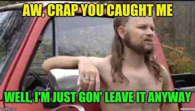 almost politically correct redneck | AW, CRAP YOU CAUGHT ME WELL, I'M JUST GON' LEAVE IT ANYWAY | image tagged in almost politically correct redneck | made w/ Imgflip meme maker