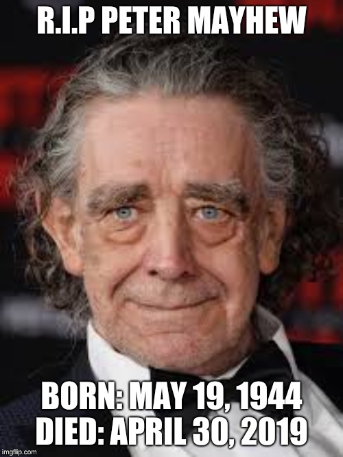 RIP PETER MAYHEW | R.I.P PETER MAYHEW; BORN: MAY 19, 1944 DIED: APRIL 30, 2019 | image tagged in star wars,chewbacca | made w/ Imgflip meme maker