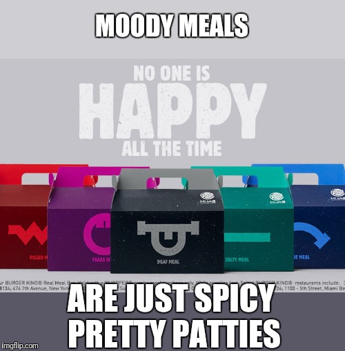MOODY MEALS; ARE JUST SPICY PRETTY PATTIES | image tagged in hmmm | made w/ Imgflip meme maker