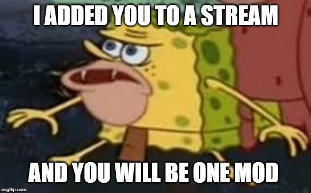 Spongebob cave man | I ADDED YOU TO A STREAM AND YOU WILL BE ONE MOD | image tagged in spongebob cave man | made w/ Imgflip meme maker