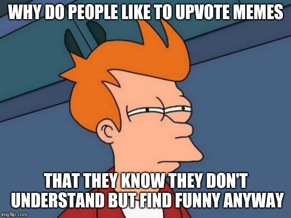 Futurama Fry | WHY DO PEOPLE LIKE TO UPVOTE MEMES; THAT THEY KNOW THEY DON'T UNDERSTAND BUT FIND FUNNY ANYWAY | image tagged in memes,futurama fry | made w/ Imgflip meme maker