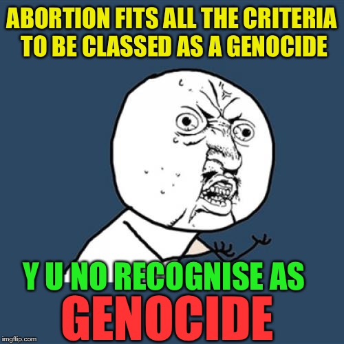 Y U No Meme | ABORTION FITS ALL THE CRITERIA TO BE CLASSED AS A GENOCIDE Y U NO RECOGNISE AS GENOCIDE | image tagged in memes,y u no | made w/ Imgflip meme maker