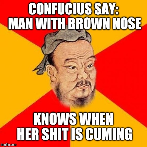 Confucius Says | CONFUCIUS SAY: MAN WITH BROWN NOSE KNOWS WHEN HER SHIT IS CUMING | image tagged in confucius says | made w/ Imgflip meme maker