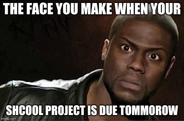 Kevin Hart Meme | THE FACE YOU MAKE WHEN YOUR; SHCOOL PROJECT IS DUE TOMMOROW | image tagged in memes,kevin hart | made w/ Imgflip meme maker
