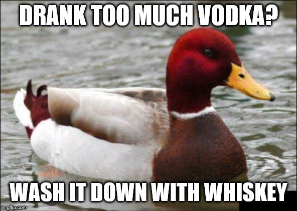 Malicious Advice Mallard Meme | DRANK TOO MUCH VODKA? WASH IT DOWN WITH WHISKEY | image tagged in memes,malicious advice mallard | made w/ Imgflip meme maker