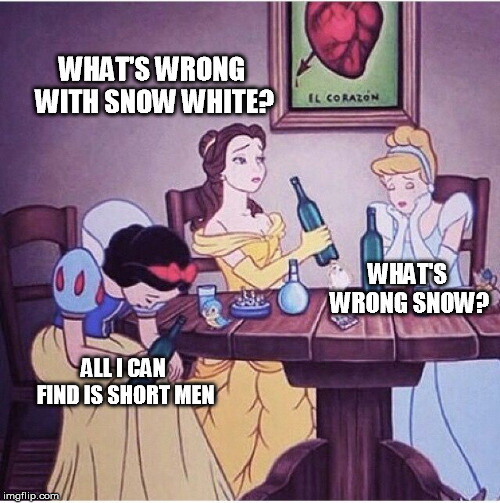 Drunk disney | WHAT'S WRONG WITH SNOW WHITE? WHAT'S WRONG SNOW? ALL I CAN FIND IS SHORT MEN | image tagged in drunk disney | made w/ Imgflip meme maker