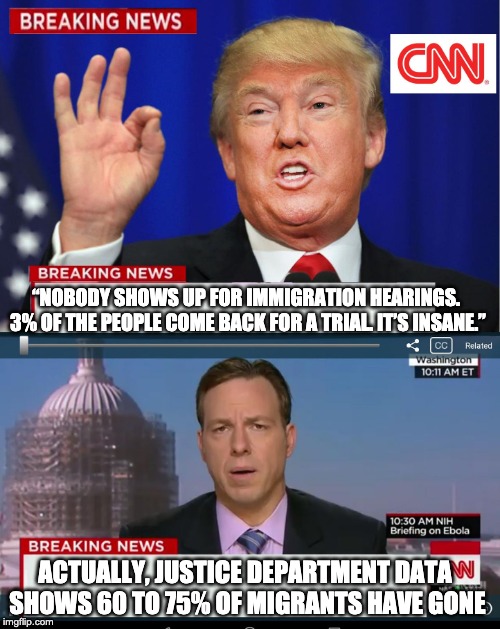 CNN Spins Trump News  | “NOBODY SHOWS UP FOR IMMIGRATION HEARINGS. 3% OF THE PEOPLE COME BACK FOR A TRIAL. IT’S INSANE.”; ACTUALLY, JUSTICE DEPARTMENT DATA SHOWS 60 TO 75% OF MIGRANTS HAVE GONE | image tagged in cnn spins trump news | made w/ Imgflip meme maker