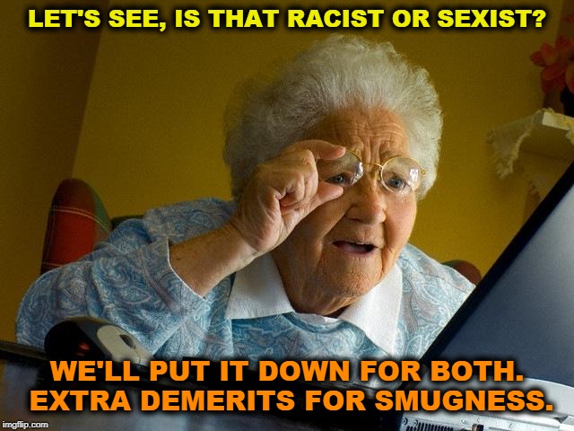 Grandma Finds The Internet Meme | LET'S SEE, IS THAT RACIST OR SEXIST? WE'LL PUT IT DOWN FOR BOTH. EXTRA DEMERITS FOR SMUGNESS. | image tagged in memes,grandma finds the internet | made w/ Imgflip meme maker