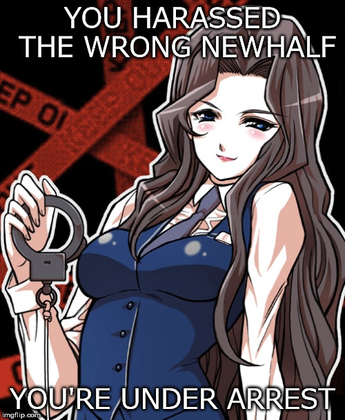 YOU HARASSED THE WRONG NEWHALF; YOU'RE UNDER ARREST | image tagged in aoi futaba,you're under arrest,transgender,police officer,handcuffs | made w/ Imgflip meme maker