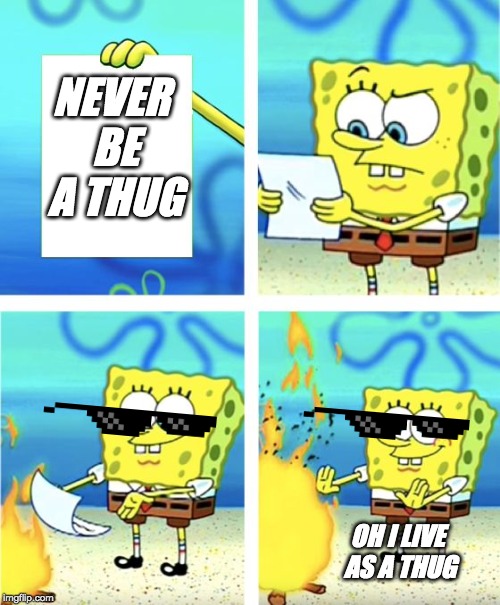 Spongebob Burning Paper | NEVER BE A THUG; OH I LIVE AS A THUG | image tagged in spongebob burning paper | made w/ Imgflip meme maker