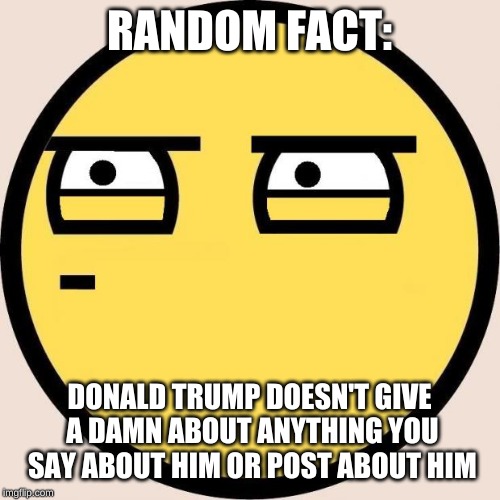 Think about this next time... | RANDOM FACT:; DONALD TRUMP DOESN'T GIVE A DAMN ABOUT ANYTHING YOU SAY ABOUT HIM OR POST ABOUT HIM | image tagged in random useless fact of the day | made w/ Imgflip meme maker