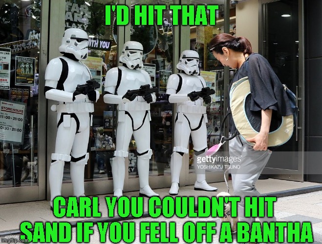 May the Fourth be With You Repost Your Own Memes Week, April 16th until... (A Socrates and Craziness_all_the_way event) | I'D HIT THAT; CARL YOU COULDN'T HIT SAND IF YOU FELL OFF A BANTHA | image tagged in repost your own memes week,may the fourth be with you,humor,funny | made w/ Imgflip meme maker