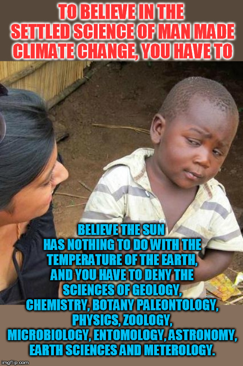 So it doesn't really bother me to be called a skeptic..... | TO BELIEVE IN THE SETTLED SCIENCE OF MAN MADE CLIMATE CHANGE, YOU HAVE TO; BELIEVE THE SUN HAS NOTHING TO DO WITH THE TEMPERATURE OF THE EARTH, AND YOU HAVE TO DENY THE SCIENCES OF GEOLOGY, CHEMISTRY, BOTANY PALEONTOLOGY, PHYSICS, ZOOLOGY, MICROBIOLOGY, ENTOMOLOGY, ASTRONOMY, EARTH SCIENCES AND METEROLOGY. | image tagged in memes,third world skeptical kid | made w/ Imgflip meme maker