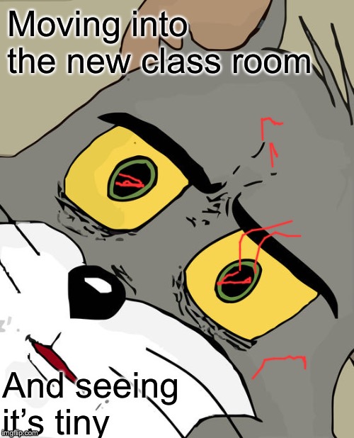 Unsettled Tom | Moving into the new class room; And seeing it’s tiny | image tagged in memes,unsettled tom | made w/ Imgflip meme maker