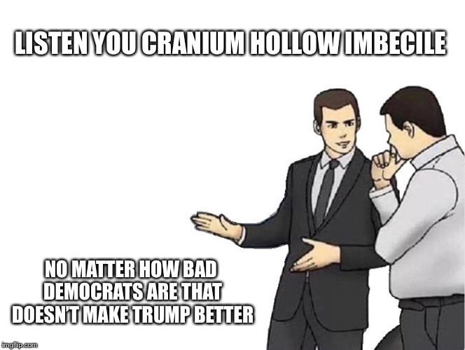 Car Salesman Slaps Hood Meme | LISTEN YOU CRANIUM HOLLOW IMBECILE; NO MATTER HOW BAD DEMOCRATS ARE THAT DOESN’T MAKE TRUMP BETTER | image tagged in memes,car salesman slaps hood | made w/ Imgflip meme maker