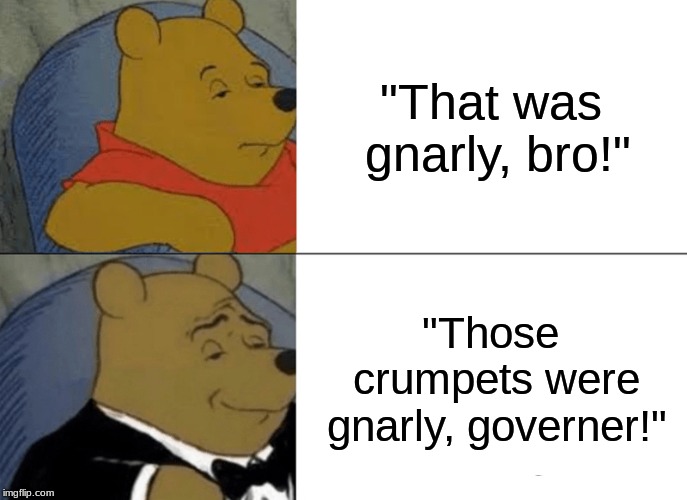 Tuxedo Winnie The Pooh | "That was gnarly, bro!"; "Those crumpets were gnarly, governer!" | image tagged in memes,tuxedo winnie the pooh | made w/ Imgflip meme maker