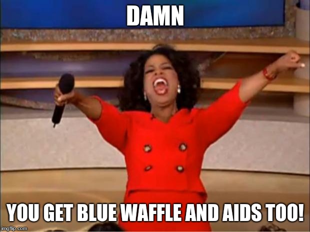 DAMN YOU GET BLUE WAFFLE AND AIDS TOO! | image tagged in memes,oprah you get a | made w/ Imgflip meme maker